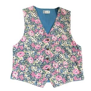Vintage Banana Republic Safari & Travel Co Floral & Denim Vest 80s Cottagecore M